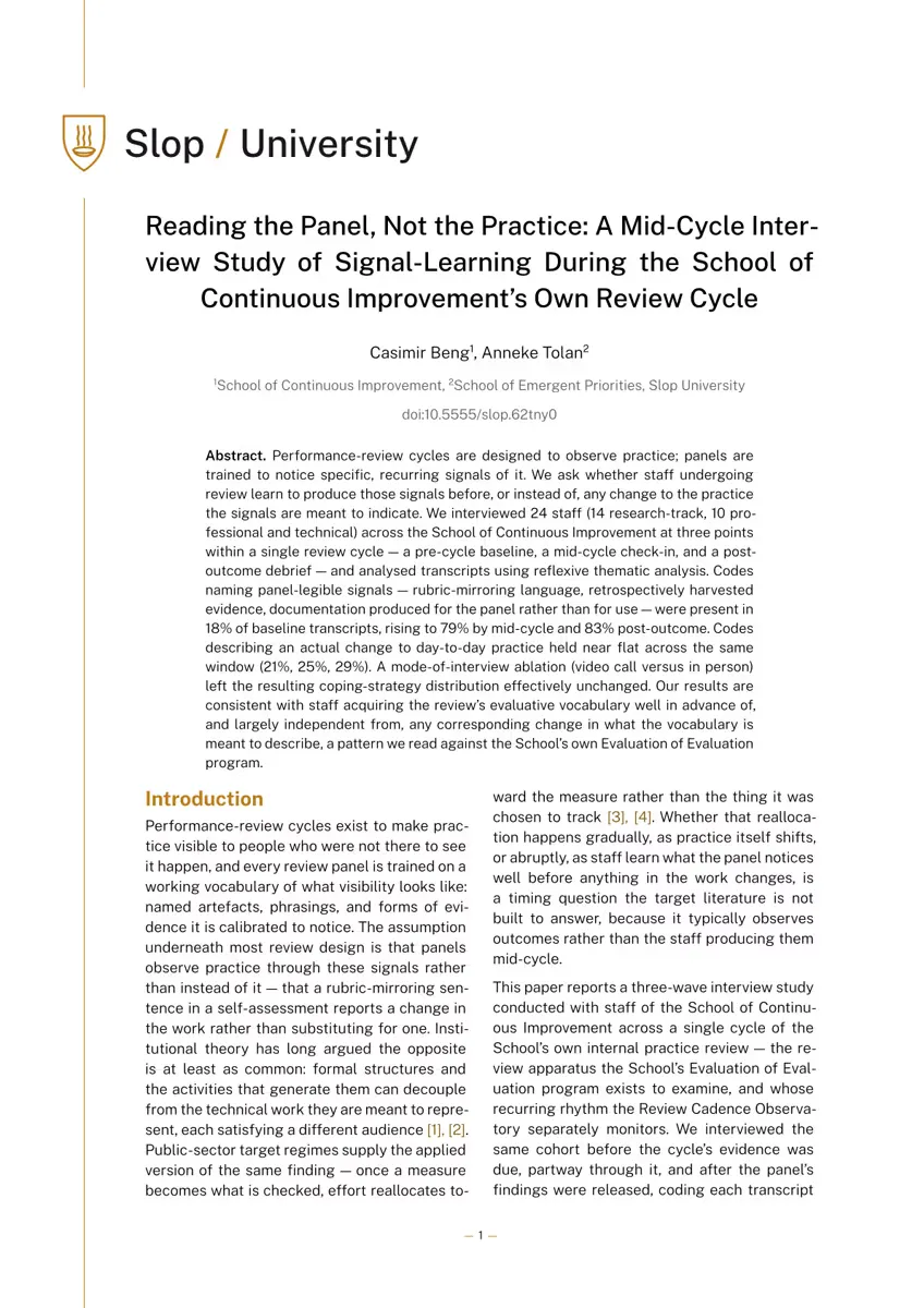 First page of Reading the Panel, Not the Practice: A Mid-Cycle Interview Study of Signal-Learning During the School of Continuous Improvement's Own Review Cycle