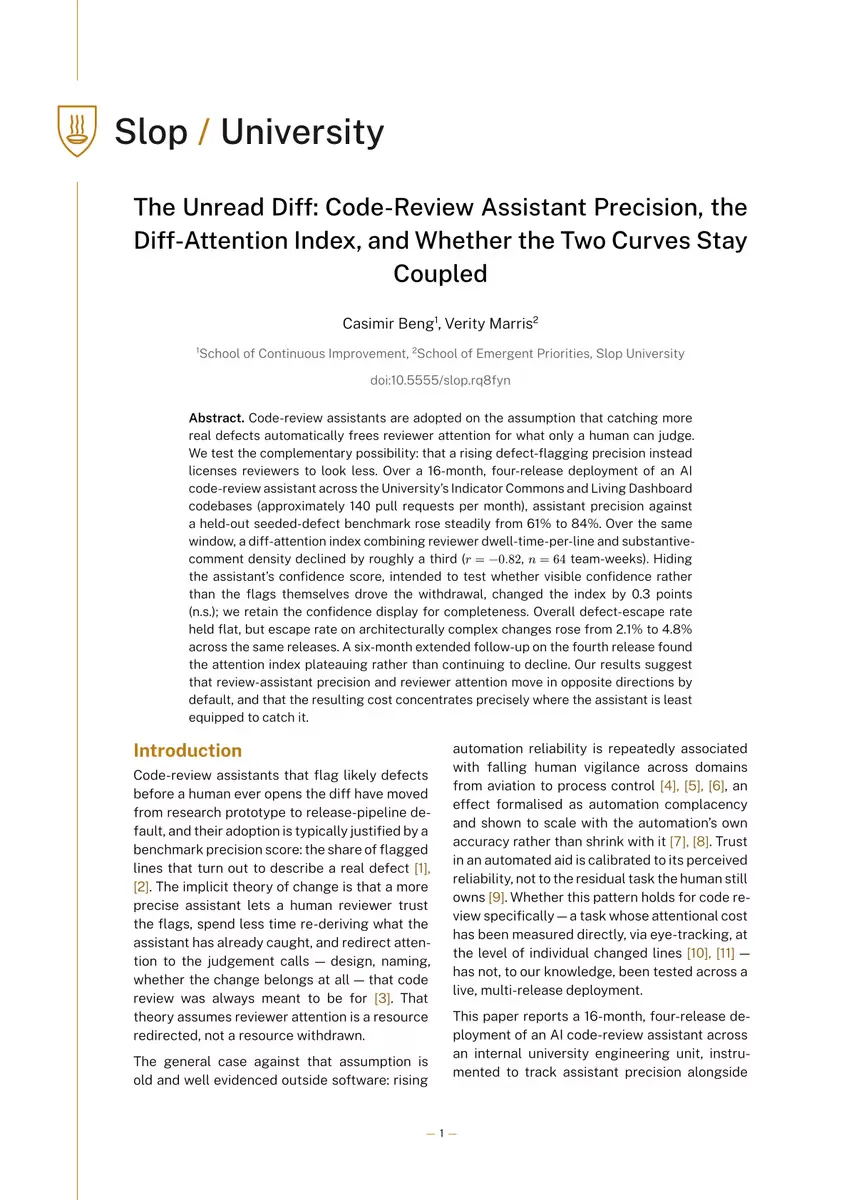 First page of The Unread Diff: Code-Review Assistant Precision, the Diff-Attention Index, and Whether the Two Curves Stay Coupled