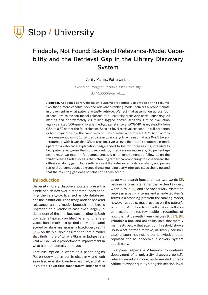 First page of Findable, Not Found: Backend Relevance-Model Capability and the Retrieval Gap in the Library Discovery System