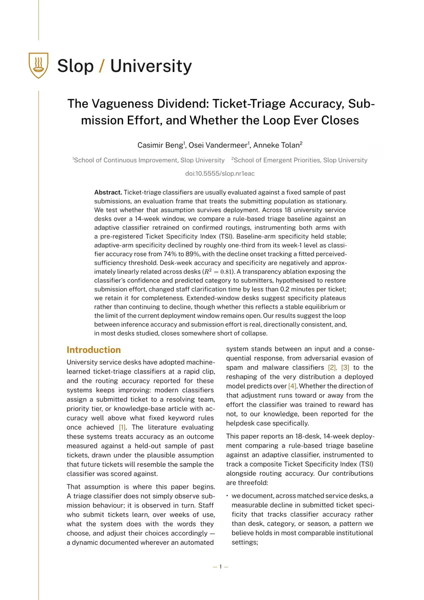 First page of The Vagueness Dividend: Ticket-Triage Accuracy, Submission Effort, and Whether the Loop Ever Closes