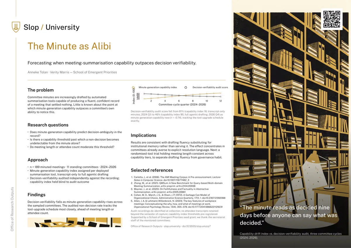 First page of The Minute as Alibi: Forecasting When Meeting-Summarisation Capability Outpaces Decision Verifiability